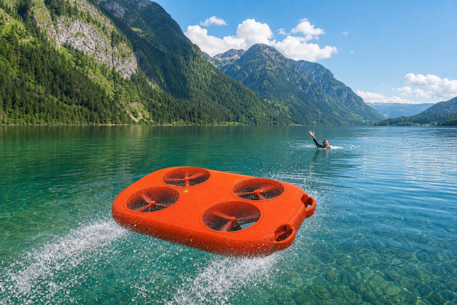Craft approaching a swimmer in a mountain lake